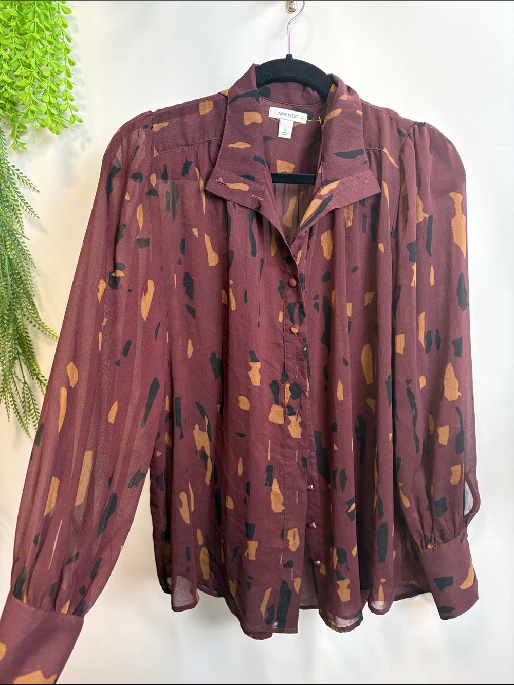 Nine West Maroon Abstract Printed Button-Up Blouse